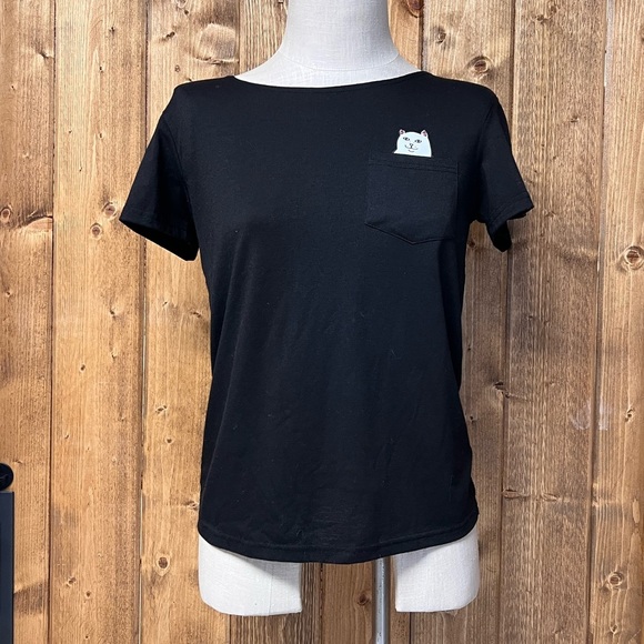 Unbranded Black Crop Naughty Kitty Middle Finger Pocket Shirt - Picture 3 of 7